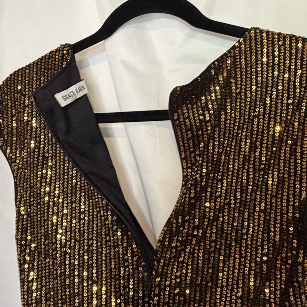 Grace Karin Black and Gold Sequin Midi V-neck Bodycon cocktail Dress - Picture 3 of 6